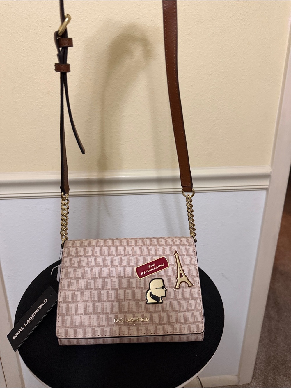 Karl Lagerfeld Pink Beige Logo-Print Crossbody with Gold Accents